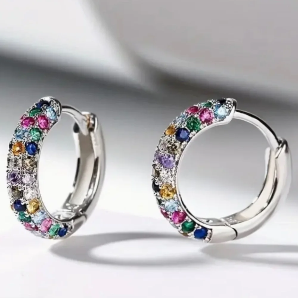 Silver Plated Mini Hoop Earrings Sparkling colorful Zircon Gem - Picture 5 of 10